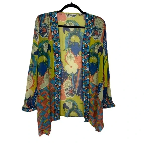 Soft Surroundings Tropical Curaçao Parrot Embroidered Kimono Cover Up Med - Picture 2 of 7